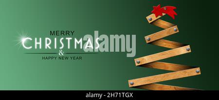 Weihnachtskarte mit einer Nahaufnahme eines hölzernen Weihnachtsbaums und einem roten Kometenstern auf grünem Hintergrund mit Text Frohe Weihnachten & Frohes neues Jahr. Stockfoto