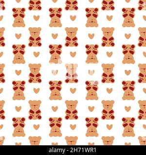 Schlaf-Gummis und Herzen Vektor nahtlose Muster Hintergrund. Hintergrund mit Gummibären in orange-weiß. Niedliche Kawaii-Stil-Charaktere für einen guten Schlaf Stock Vektor