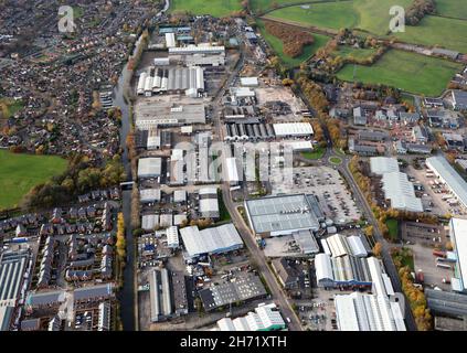 Luftaufnahme aus dem Osten von Stag Industrial Estate, Broadheath, Altrincham, Greater Manchester Stockfoto