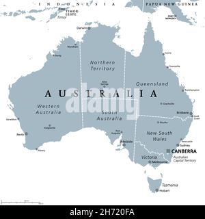 Australien, graue politische Landkarte, mit der Hauptstadt Canberra, internen Verwaltungsgrenzen und den wichtigsten Städten. Commonwealth of Australia. Stockfoto