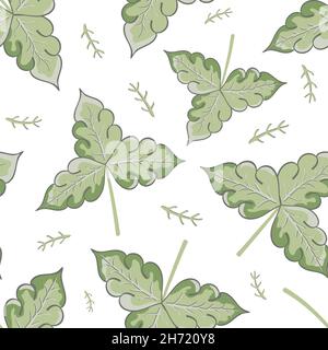 Stilisiertes Trio aus Eichenblättern und Zweige Vektor nahtlose Muster Hintergrund. Handgezeichnetes Blattdesign in grün-weißem Design im Kunsthandwerk-Stil. Elegantes botanisches Design Stock Vektor