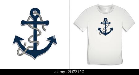 Druck auf T-Shirt marine Grafik-Design, Anker-Symbol mit Seil, weißer Hintergrund Vektor Stock Vektor