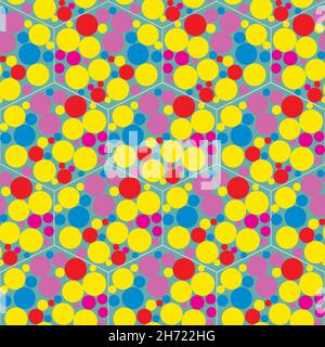 Abstrakt Blase Hexagon Vektor nahtlose Muster Hintergrund. Funky Hintergrund mit Honeycome-Stil Kreise tropisch gelb, rosa, rot, blau.geometrisch Stock Vektor