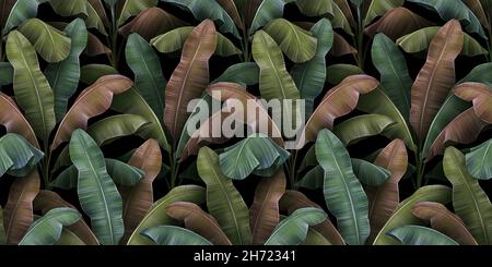 Bananenplantage, farbenfrohe, strukturierte Blätter. Vintage Tropical 3D Illustration, nahtloses Muster. Premium Grunge Hintergrund. Luxuriöse Tapeten Stockfoto