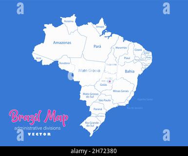 Brasilien Karte, Verwaltungseinheiten mit Namen Regionen, blauer Hintergrund Vektor Stock Vektor