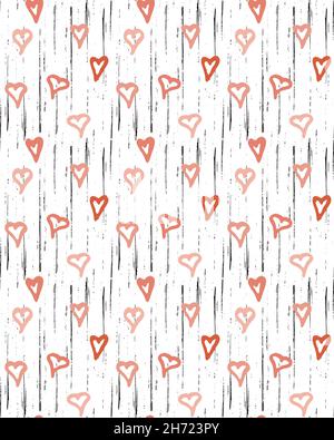 Herz-Nahtloses Muster. Handgezeichnetes Grunge-Liniendesign, Pinselstrichen in rot-rosa Farbpalette. Hintergrund für Liebesurlaub, Valentinstag Stock Vektor