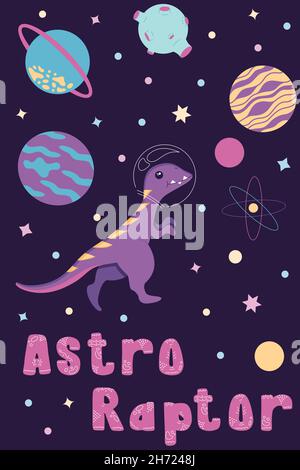 Postkarte des Astro-Raptors in einem Helm aus einem Raumanzug fliegt durch den Weltraum, Sterne und Planeten. Illustration in einem flachen Stil, isoliert auf einem lila Stock Vektor