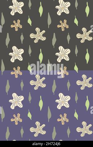 Florales, schlichtes Nahtmuster. Handgezeichnete Elemente aus Blumen, Blättern, Pastellfarben. Grauer, Viola leicht bearbeitbarer Farbhintergrund. Vektor Stock Vektor