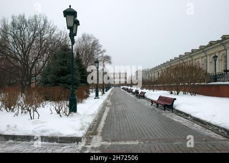 Moskau, Russland. Alexander-Garten (Aleksandrovsky Sad) аt Winter im Nebel. Nebliger Wintermorgen in Moskau. Stockfoto