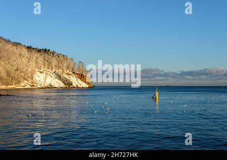 Schneebedeckte Klippe in Gdynia Orlowo. Winterlandschaft, Ostsee, Polen. Stockfoto