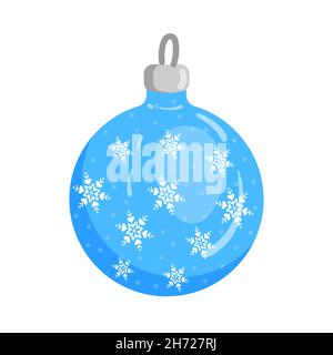 Weihnachtsbaum Spielzeug. Cartoon-Stil. Dekoration zum neuen Jahr. Isoliert auf weißem Hintergrund. Blauer Ball, Schneeflocken. Stock Vektor
