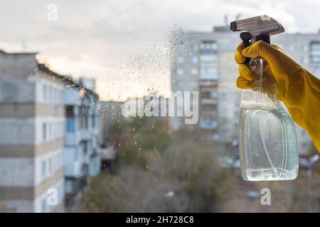 Eine Hand in einem gelben Handschuh, die einen Pulverisierer hält und eine schäumende Flüssigkeit sprüht, tropft beim Waschen aus einer Sprühflasche auf ein Fensterglas. Heim, Büro Clea Stockfoto