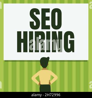 Schreiben mit Text Seo Hiring. Internet-Konzept mit einem Spezialisten wird Inhalte zu entwickeln, um Schlüsselwörter man Zeichnung stehende Hände N Hüften gehören Stockfoto