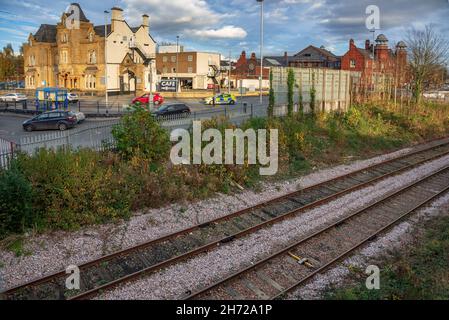 Der Bahnhof Warrington Bank Quay, der als Teil einer neuen Strecke nach Marsden und Leeds durch Manchester neu entwickelt werden soll. Bild zeigt die untere Pegellinie, Stockfoto