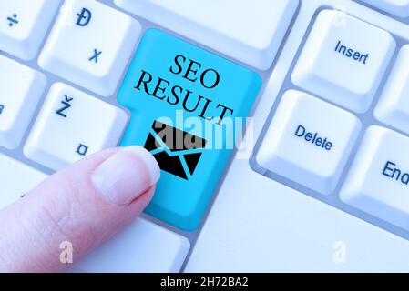 Textüberschrift mit Seo-Ergebnis. Business Overview die Liste, die von Suchmaschinen als Antwort auf eine Anfrage erstellt wurde Abstract Online Registration process Stockfoto