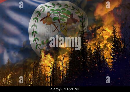 Waldbrandbekämpfungskonzept, Naturkatastrophe - Höllenfeuer im Wald auf Belize-Flagge Hintergrund - 3D Darstellung der Natur Stockfoto