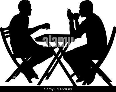 Silhouette zwei Männer sitzen in einem Café auf weißem Hintergrund. Stock Vektor