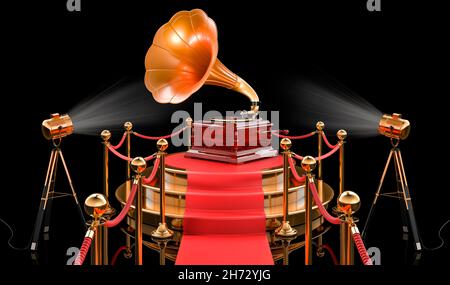 Gramophone auf dem Podium, 3D Rendering isoliert auf schwarzem Hintergrund Stockfoto