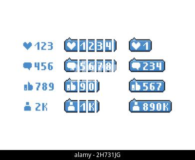 Vektor Pixel Art 8 Bit blaue Blase mit weißem Herzen, Person, Daumen nach oben, Nachricht Zeichen-Symbol. Benachrichtigungssymbol für soziale Netzwerke auf weißem Hintergrund eingestellt Stock Vektor