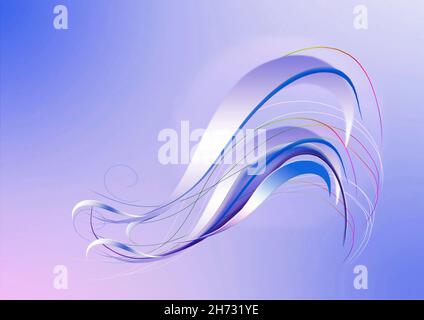 Abstrakte lila und blau fallende Wellen bedeckt mit geschwungenen wispy blau und Regenbogenstreifen auf hellviolett mit blauem Hintergrund Stockfoto