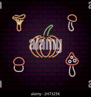 Helles Neon Set aus Herbstgemüse und Pilzen. Thanksgiving Kollektion Stock Vektor