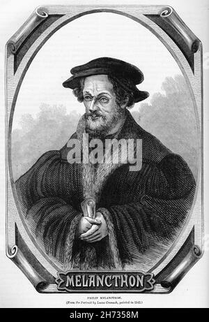 Gravur von Philip Melanchthon (geb. Philipp Schwartzerdt; 1497 – 1560) deutsch-lutherischer Reformator, Mitarbeiter von Martin Luther, dem ersten systematischen Theologen der protestierenden Reformation, intellektuellen Führer der lutherischen Reformation und einflussreichen Gestalter von Bildungssystemen. Stockfoto