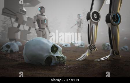 Krieg zwischen Robotern und Menschen in Zukunft. Menschliche Schädel auf dem Boden und Roboter herum. 3D gerenderte Abbildung. Stockfoto