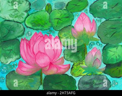 Ölgemälde auf Leinwand von drei rosa Seerosen im Teich Stockfoto