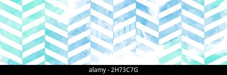 Blau-grün gestreifter Hintergrund mit Fischgrätenmuster und Aquarell bemalten Textur-Design, alte Grunge strukturierte Chevron-Streifen in blaugrün und wh Stockfoto
