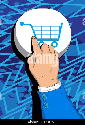 Geschäftsmann drückt E-Commerce-Symbol, Shopping Symbol-Taste mit seinem Zeigefinger. Konzept im Comic-Stil. Stock Vektor