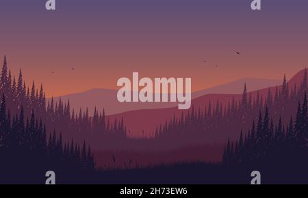 Eine fantastische Aussicht auf die Berge mit Wäldern von der Landschaft in der Abenddämmerung am Nachmittag. Vektorgrafik Stock Vektor