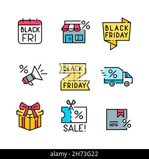 Black Friday Sale jährliches Shopping-Event. Ermäßigte Preisschilder, Datum im Kalender und Lieferung Spaß bunte Symbole. Pixelgenaue, bearbeitbare Kontur Stock Vektor
