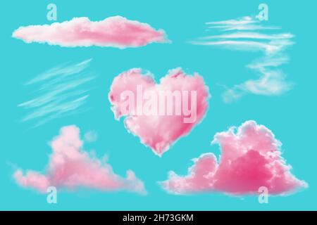 Realisticset von rosa Wolken auf einem blauen Hintergrund. Stock Vektor