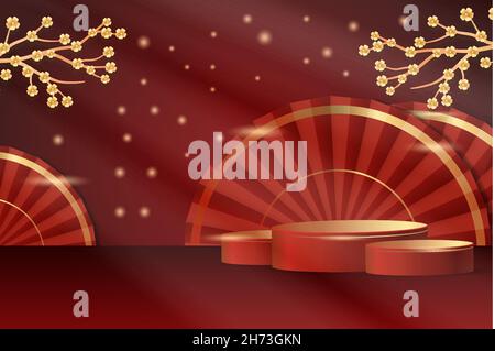 3D Podium chinesisches Neujahrsthema mit Lichteffekt. Podium 3D Objekt, Vektor Design Illustration Stock Vektor