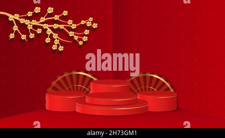 Frohes chinesisches neues Jahr mit Podium. Szene des chinesischen neuen Jahres für Werbung. 3D Podium Vektor Design Illustration Hintergrund Stock Vektor