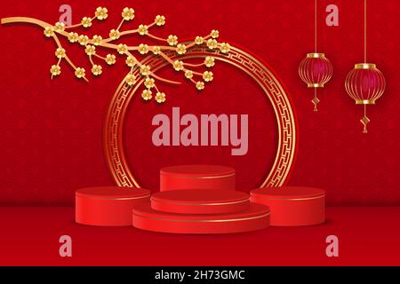 3D Podium chinesisches Neujahrsthema mit Ornamentblume und Laterne auf rotem Hintergrund. Stock Vektor