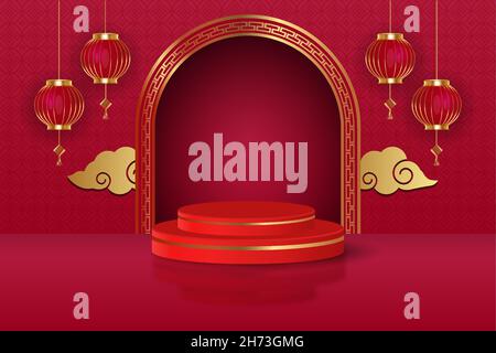 3D gerundetes Podium für chinesisches Neujahrsthema mit Ornamentlaterne und Wolke. Luxuriöses chinesisches Neujahrspodium Stock Vektor