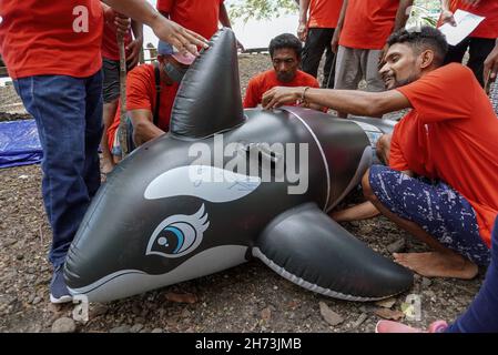 Freiwillige üben die Technik des Umgangs mit einem gestrandeten Meeressäuger-Dummy während einer Trainingseinheit zur Rettung von Meeressäugern.World Wide Fund for Nature (WWF) Indonesien und lokale Autorisierungen organisierten eine Trainingseinheit für Stranded Marine Mammals Handling Techniques für den 'First Responder' am Maimol Beach, Alor. „First Responder“ ist der Begriff für diejenigen, die in der Lage sind, schnell zu reagieren und Strandsäugetiere zu retten und einen Bericht für eine weitere Vorbehandlung zu erstellen. Nach Angaben der Datenbank des WWF Indonesien gibt es seit 2017 31 gestrandete Fälle sowohl für einzelne als auch für Gruppen marine m Stockfoto