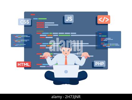 Flache 3d Isometric Geschäftsmann als Programmierer arbeiten auf Laptop zu codieren. Softwareentwicklungskonzept. Stock Vektor