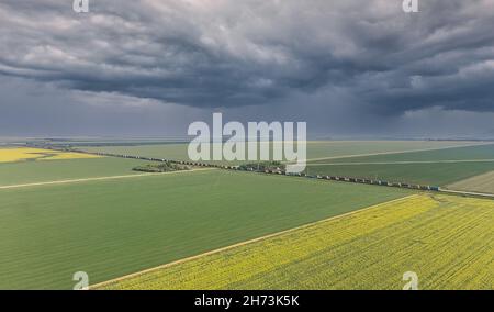 Breites, grasbewachsenes, ländliches Feld unter dem dunklen, wolkigen Himmel Stockfoto