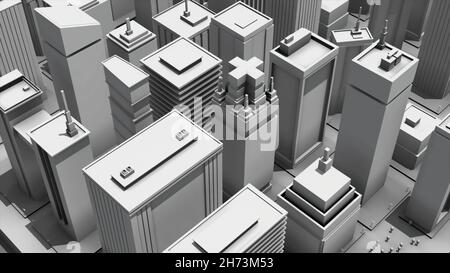 Abstrakte Animation von 3D architektonischen Maßstab Modell der großen modernen Innenstadt auf weißem Hintergrund. Einfache 3D Animation gerendert in 4K Stockfoto