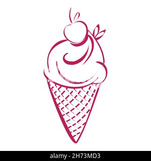 Eis mit Kirsche. Rosa Countour Eiscreme in Waffelbecher handgemachte Zeichnung Stock Vektor
