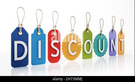 Preisschilder für Preisnachlässe auf weißem Hintergrund isoliert. 3D Abbildung. Stockfoto