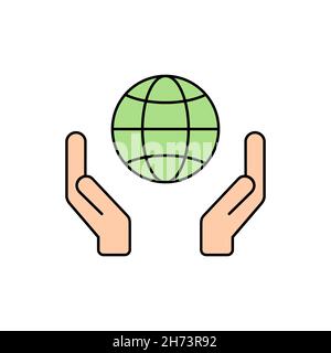 Zwei Hände halten Globe Farbe Symbol. Nachhaltigkeit. Umweltschutz. CO2-Neutralität. Speichern Sie das Erdsymbol. Umweltfreundliches Konzept. Vektor Stock Vektor