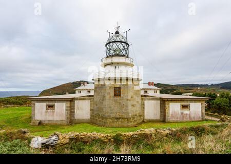 Leuchtturm Estaca de Bares an bewölktem Tag. Dies ist der nördlichste Punkt Spaniens. Stockfoto