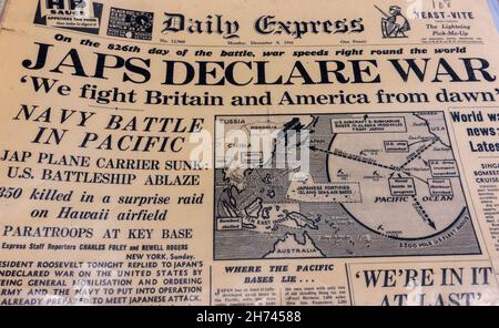 Schlagzeile „Japs erklären Krieg“ auf Daily Express am 8th. Dezember 1941 nach dem japanischen Angriff auf Pearl Harbor, Oahu, Hawaii. USA. Stockfoto