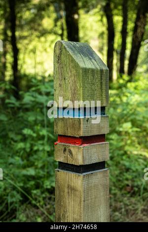 Nahaufnahme eines dreifarbigen Wegzeichens auf einem Waldweg in Schottland Stockfoto