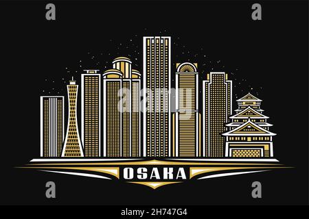 Vektor-Illustration von Osaka, dunkles horizontales Poster mit linearem Design berühmte osaka-Stadtlandschaft auf Sternenhimmel-Hintergrund in der Dämmerung, asiatische Stadtlinie Kunst Co Stock Vektor