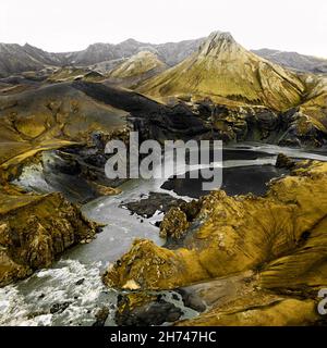 Luftaufnahme von Uxatindar im isländischen Hochland. Stockfoto