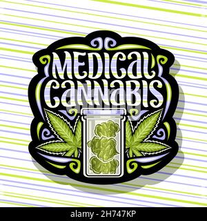 Vektorlogo für medizinisches Cannabis, dunkle Vintage-Schilder mit Illustration von Marihuana-Blättern, Glasrohr für Cannabis-Tests, Schild für die Apotheke mit Stock Vektor